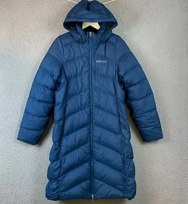 Marmot Puffer Coat Women Large Long Goose Down 650 Fill Long Blue Removable Hood • $84.97