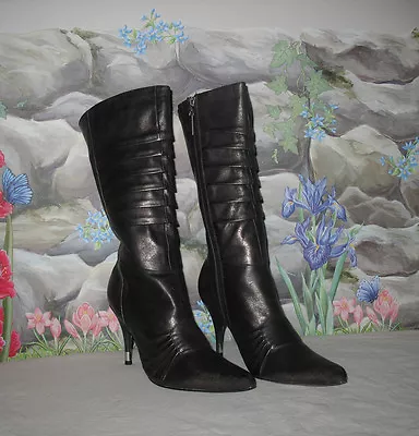 New GABRIELLA ROCHA 'Nancy' Metallic Pewter Black Leather W Pleats Boots Sz 8 • $87.95