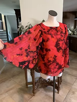 Mm Couture Women Medium Red Tie Dye Pleated Bell Sleeve Top FF • $14.99