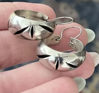 Taxco Sterling Silver Hoop Earrings Mexico Mid Century Modern Cut-out T8-90 925 • $52.92