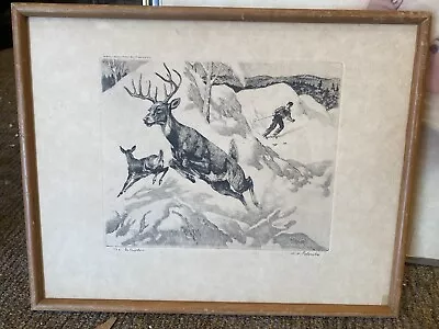 R.H. Palenske Plate Etching Mountain Skier And Deer   The Intruder  Mid Century  • $49.56