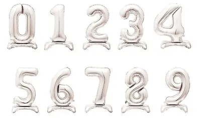 Standing Large Silver Number Foil Balloons Air Fill 0-9 Happy Birthday Party • £3.49