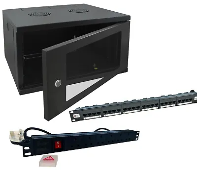 Wall Mounted Data Cabinet 6u 450mm Deep + 6 Way UK PDU 24 Way Elite Panel Lot • £136.10