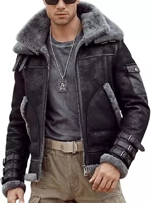 Fur Shearling Double Collar Leather Jacket B3 RAF Winter Sheep Jackets For Mens • $149