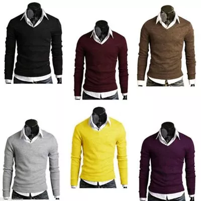 Sleeve Men Long V-Neck Knitted Cardigan Pullover Warmer Jumper Sweater Top Shirt • £13.43