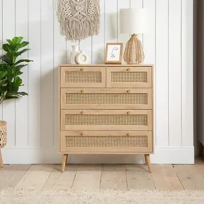 Croxley 5 Drawer Oak And Rattan Drawer Chest Bedroom Storage • £239.99