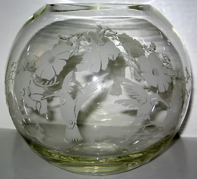 Vintage Glass Crystal Etched Hummingbird Floral Round Globe Rose Vase Fish Bowl • $24.95