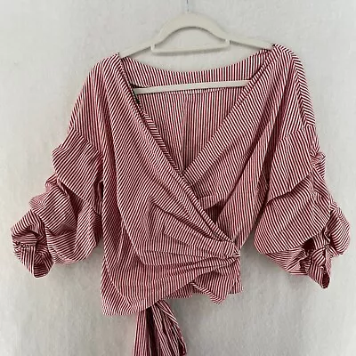 Zara Wrap Blouse Women's Sz S Red White Striped V Neck Ruched Sleeves Cropped • $13.99