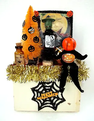 * Vintage & Modern HALLOWEEN Bottle Brush Tree PUMPKIN Assemblage DISPLAY Decor • $35