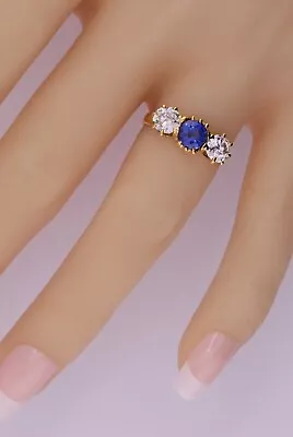 Antique Natural Blue Sapphire & Old Mine Cut Diamond 3 Stone 14k  Gold Ring • $1999