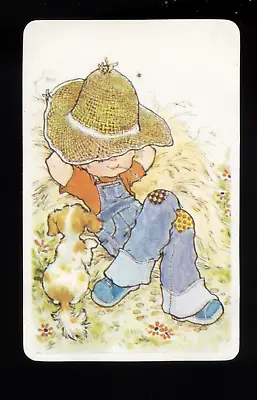 $4.50 • Buy Original Vintage Sarah Kay Blank Back Card Cute Boy Hat & Rests Grass Pet Dog