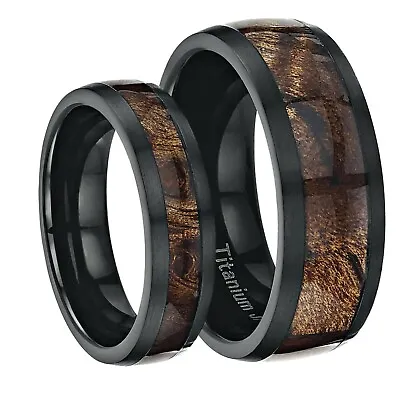 His & Hers Black Titanium Wedding Ring Band Inlayed Set With Genuine Koa Wood • $111.89