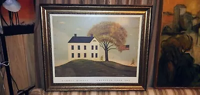 $100 • Buy Warren Kimble Folk Art Framed Print-- Flag-House-Tree-Folk Art- Framed EX!