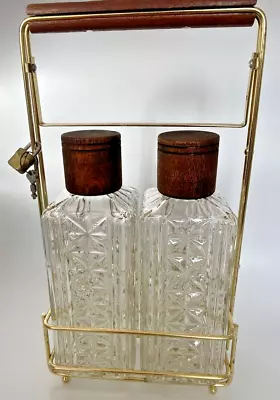 VTG MCM 2 Decanter Bar Set W/ Caddy Lock Keys Diamond Pattern Bourbon Scotch Rye • $49.99