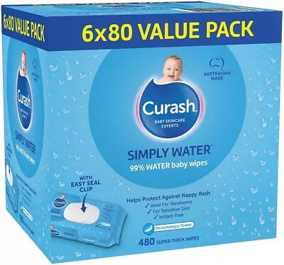 Curash Simply Water Baby Wet Wipes Pack Of 480 (6 X 80) Wipes (Free Shipping) • $29.99