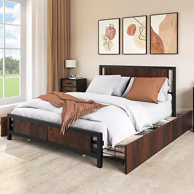 Queen Size Bed Frame Metal Mattress Foundation Platform W/4 Drawer Vintage Brown • $261.02