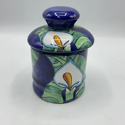 Talavera Pottery Canister Jar With Lid Mexican Folk Art Calla Lily Cobalt Blue • $24.49