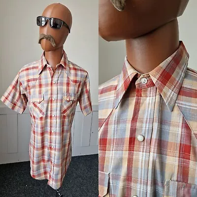 Vintage 70s/80s Western SHIRT | Large | Brown Check Snap Fasten DEE CEE  AT27 • £10