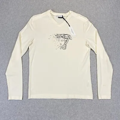 Versace Collection Shirt Men's Medium Beige Embroidery Print Long Sleeve V-Neck • $78.88