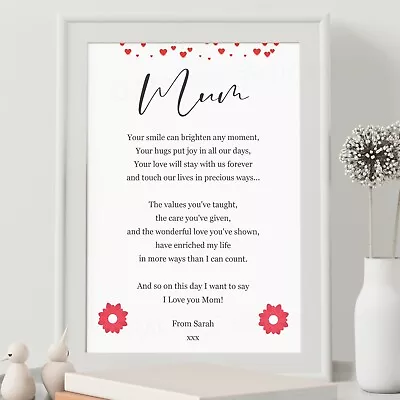 Personalised Print Mothers Day Gifts Poem Best Mum Special Mummy Birthday Gift • £3.99