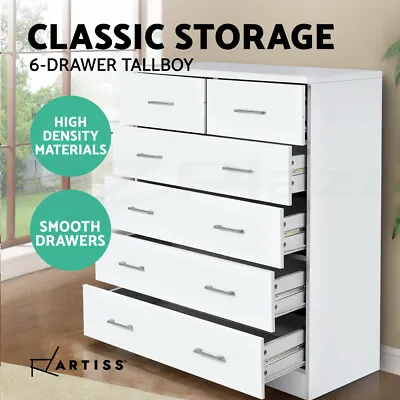 Artiss 6 Chest Of Drawers Dresser Tallboy Storage Cabinet Bedroom White ANDES • $159.95