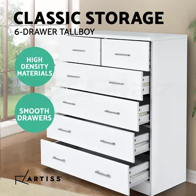 $198.95 • Buy Artiss Tallboy Dresser Table 6 Chest Of Drawers Cabinet Bedroom Storage White