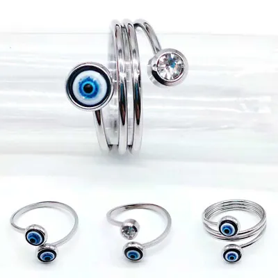 Stainless Steel Turkish Lucky Blue Evil Eye Zircon Ring Charm Women Men Jewelry • £2.35