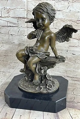 Putti Cherub Pan Flute Musician Artist Angel Bronze Marble Statue Music Room Art • $299