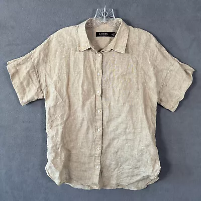 Lauren Ralph Lauren Shirt Adult M Beige Short Sleeve Button Up 100% Linen Womens • $19.99