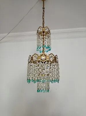 Single Crystal Chandelier Lighting Vintage Hand Painted Blue Art Nouveau Lamp • $225