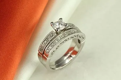 2.23 Ct Sterling Silver Vtg Solitaire Round Cz Engagement Wedding Ring Set Sz5-8 • $25.16