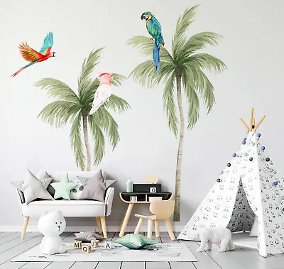 Watercolor Tropical Palm Trees Big Parrot Wall Fabric Decal Set Sticker • $125.50