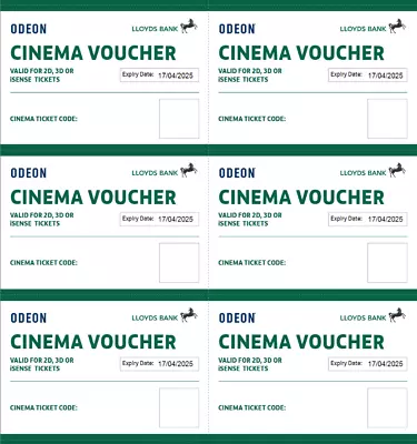 6 X Club Lloyds Odeon Cinema Tickets For ISense 2D 3D Films - Expiry 17 Apr 2025 • £49.95