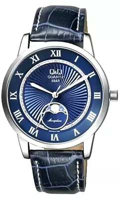 Citizen Q&q $135 Men's Moon Phase Silver Blue Dial Leather Watch Qz10j318y • $58.80