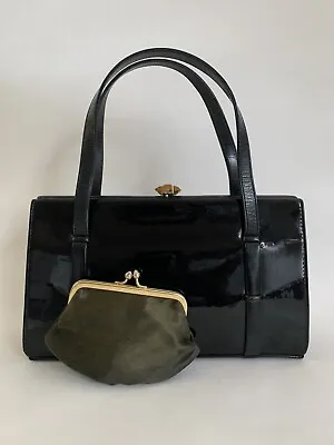 Waldybag Vintage 1950s Black Patent Leather Handbag Coin Purse & Fabric Lining • £69.99
