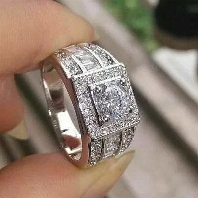 3Ct Round Cut Men's Halo Wedding Ring 14K White Gold Plated Lab Created Diamond • $185.49