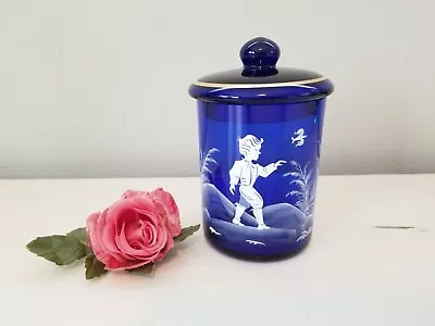 Vintage Mary Gregory Hand Painted Cobalt Blue Glass Candy Jar With Lid • $48