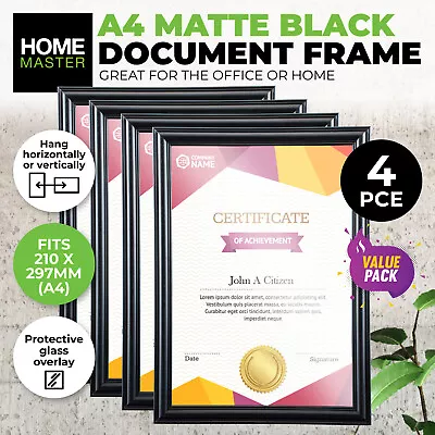 Home Master® 4PCE A4 Document & Certificate Frame Matte Black Bevel Edges • $26.95