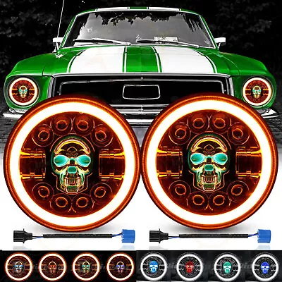 Pair 7  Inch Round RGB Skull LED Headlights Halo DRL For Ford Mustang 1965-1978 • $61.99