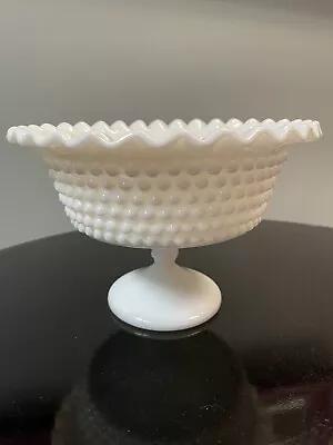 Vtg Fenton Milk Glass Hobnail Compote Candy Dish On Pedestal With Ruffled Edge • $13