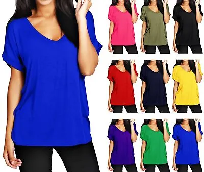 Ladies Baggy Oversized V Neck Turn Up Sleeve Top Loose Batwing T-Shirt Top 8-26 • £9.99