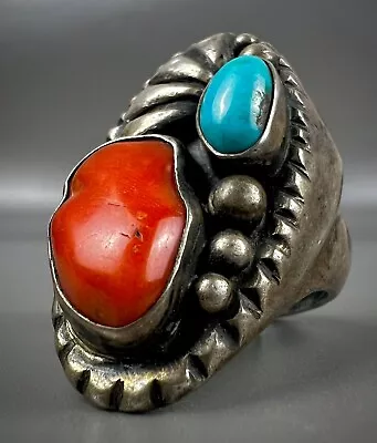 LARGE Vintage Navajo Old Pawn Sterling Silver Turquoise & Coral Ring VERY NICE! • $228