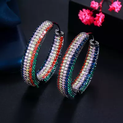 CZ Round Micro Pave Hoop Earrings Cubic Zirconia Yellow Gold Plated Women Party • $15.07