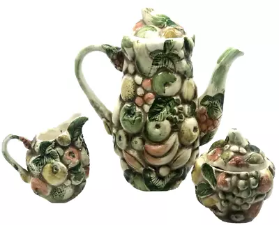 Vintage Lefton  Fruits Of Italy  Majolica Set Of Teapot Creamer & Sugar W/Lids • $47.99