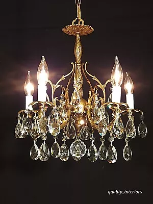 ANTIQUE French Brass 5 Arm 5 Lite PETITE BEAMING Cut Lead Crystal Chandelier • $650