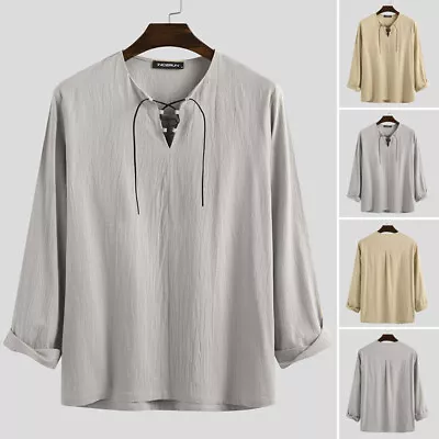 Men Cotton T Shirt  Long Sleeve Medieval Lace Up Blouse Party Holiday Tops Plus • £13.45