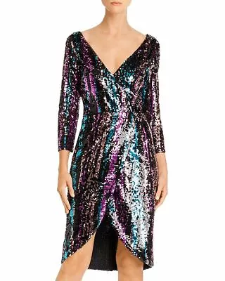 Aqua Sequin Faux-Wrap Midi Dress Multi 2 MSRP $268 • $58.99