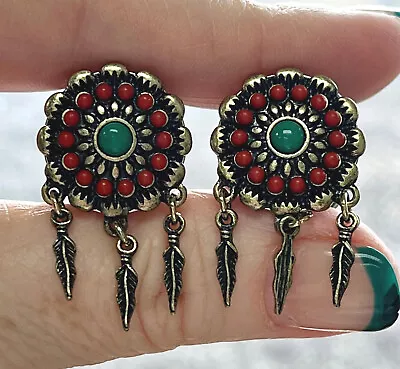 PAIR Red & Turquoise Flower W/ Feather Dangles Double Flare Tunnel Plugs Gauges • $16.95