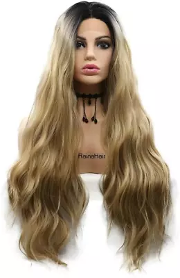 Rainahair 26Inches Ombre Blonde Lace Front Wig With Dark Roots Long Water Wave S • £51.71