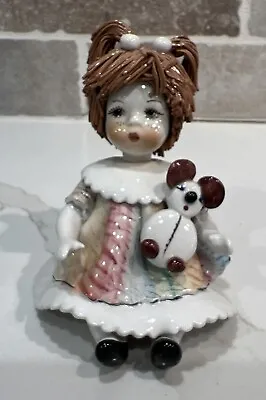 ZAMPIVA Ceramic Brown Hair Spaghetti Doll Figurine With Teddy Bear Vtg Italian • $29.97